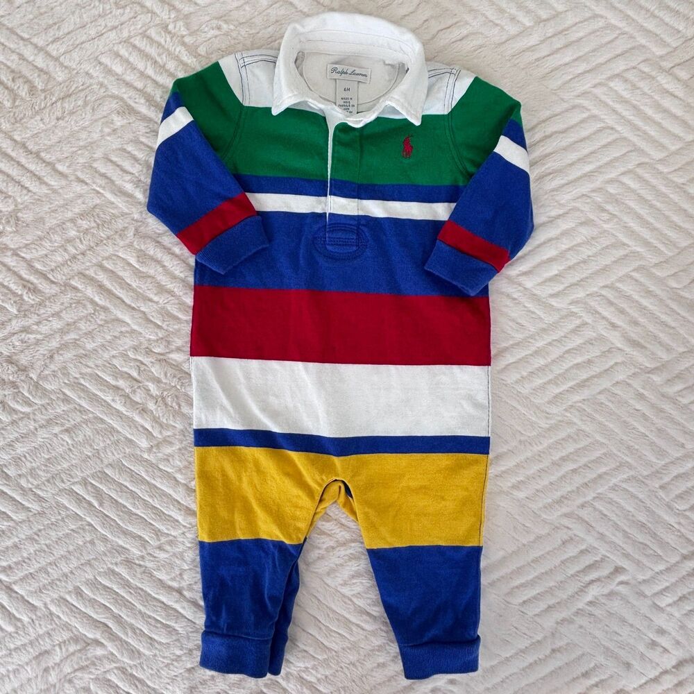 Ralph Lauren Baby 6M Striped Rugby Cotton Coverall Romper Multicolor Polo Logo
